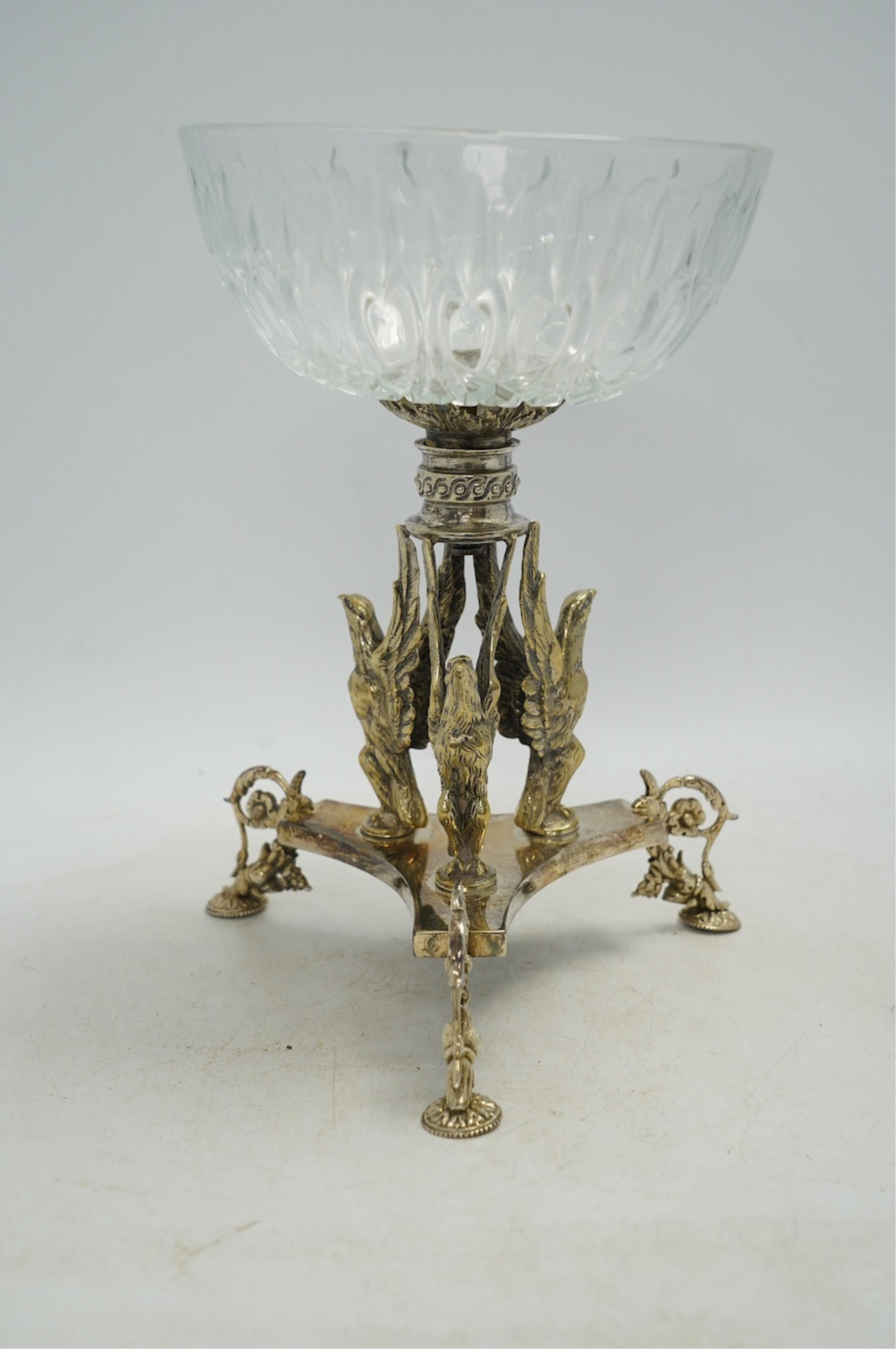 A Victorian electroplated centrepiece with pressed glass bowl, 26.5cm high. Condition - good
